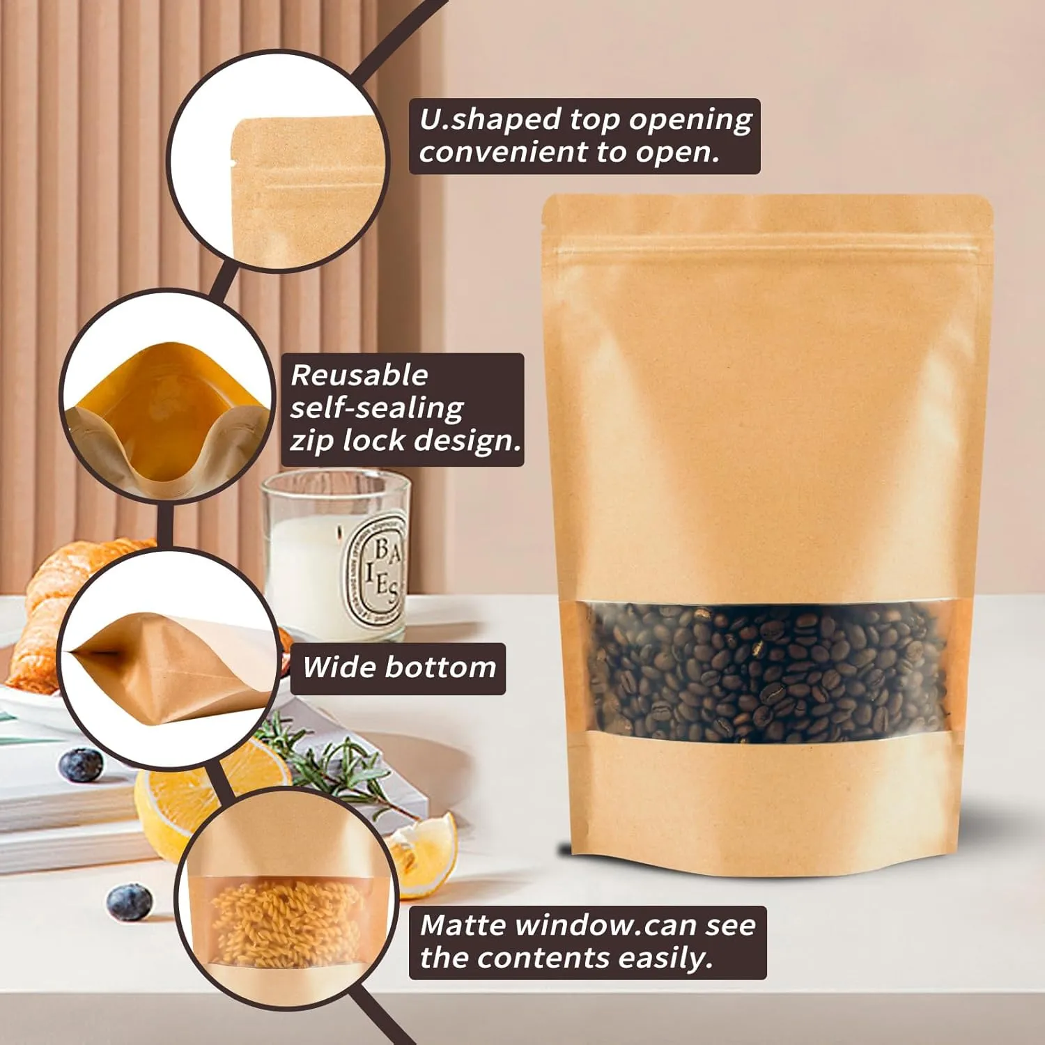 100PCS Resealable Bags for Food Storage, Self Stand Treat Bag Reusable for Candy, Cookie, Kraft Paper Bags with Window, Heat Seal Paper Bags for Small Business(4.7" X 7.9")