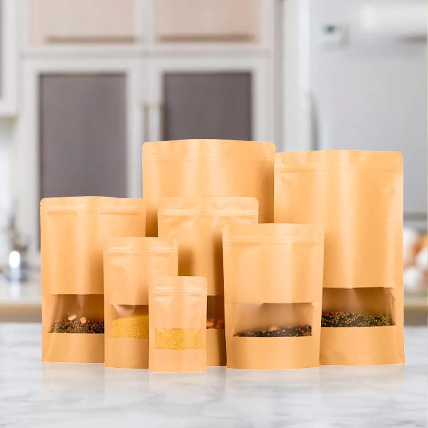 100PCS Resealable Bags for Food Storage, Self Stand Treat Bag Reusable for Candy, Cookie, Kraft Paper Bags with Window, Heat Seal Paper Bags for Small Business(4.7" X 7.9")