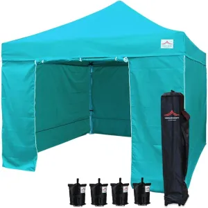 10'x10' Pop Up Canopy Tent Commercial Instant Shelter, with 4 Removable Zippered Side Walls and Heavy Duty Roller Bag, 4 Sand Bags Lake Blue