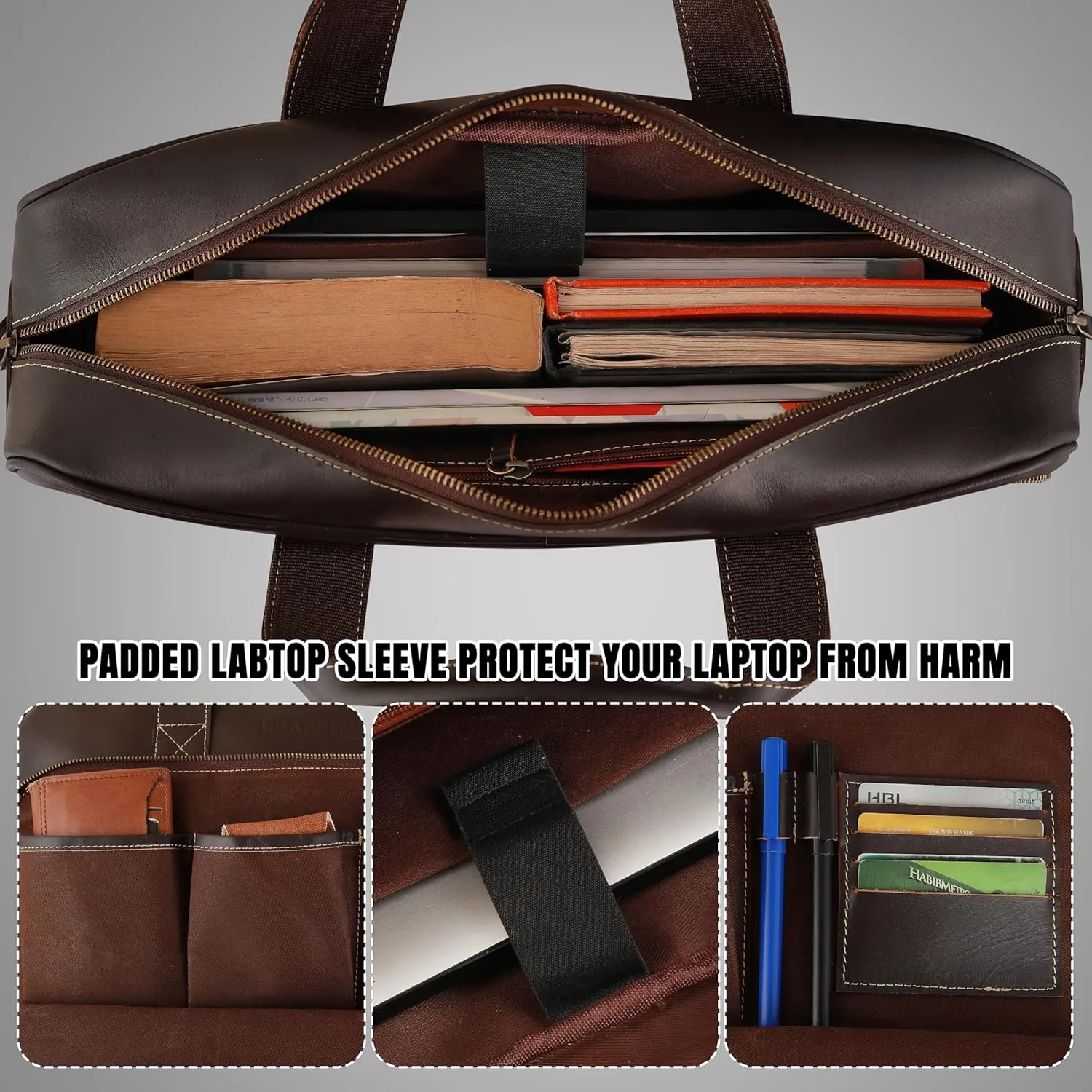16" Leather Laptop Bag for Men and Women - Meeting Bag / Briefcase