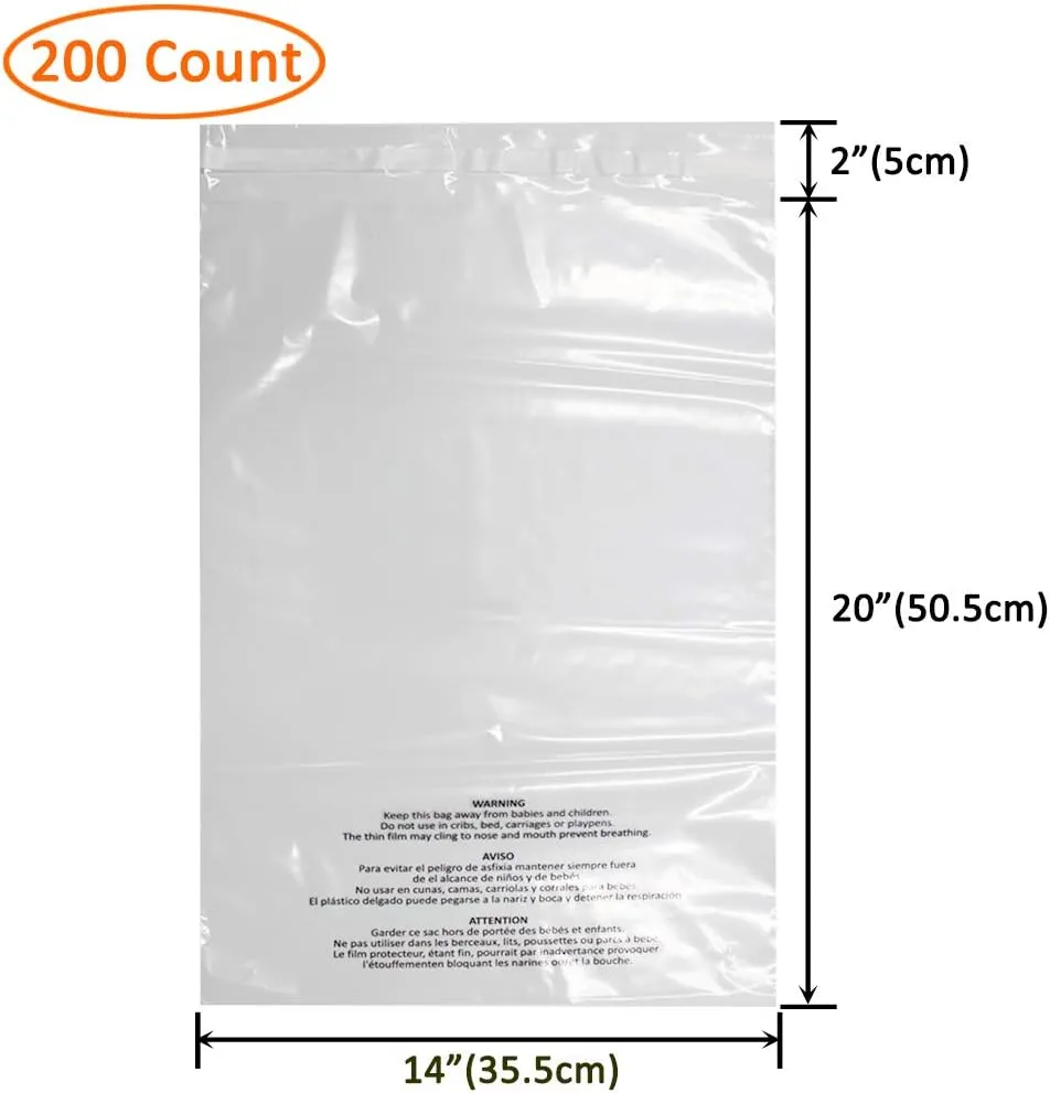200 Count 14x20 Inch Self Seal Clear Poly Bags with Suffocation Warning for Packaging Clothing, Decorative Wrappers and More with Permanent Adhesive (1.5mil)