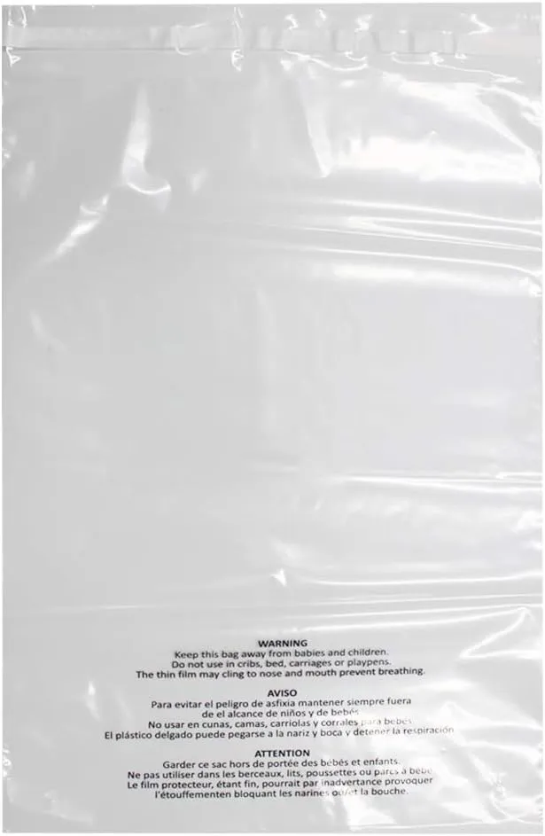 200 Count 14x20 Inch Self Seal Clear Poly Bags with Suffocation Warning for Packaging Clothing, Decorative Wrappers and More with Permanent Adhesive (1.5mil)