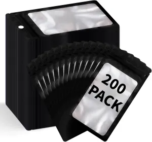200 Pack Resealable Mylar Holographic Bags Food Storage Smell Proof Bags with Front Window Foil Packaging Pouch for Candy Sample Jewelry Small Business 4.13×5.91 Inch, Black