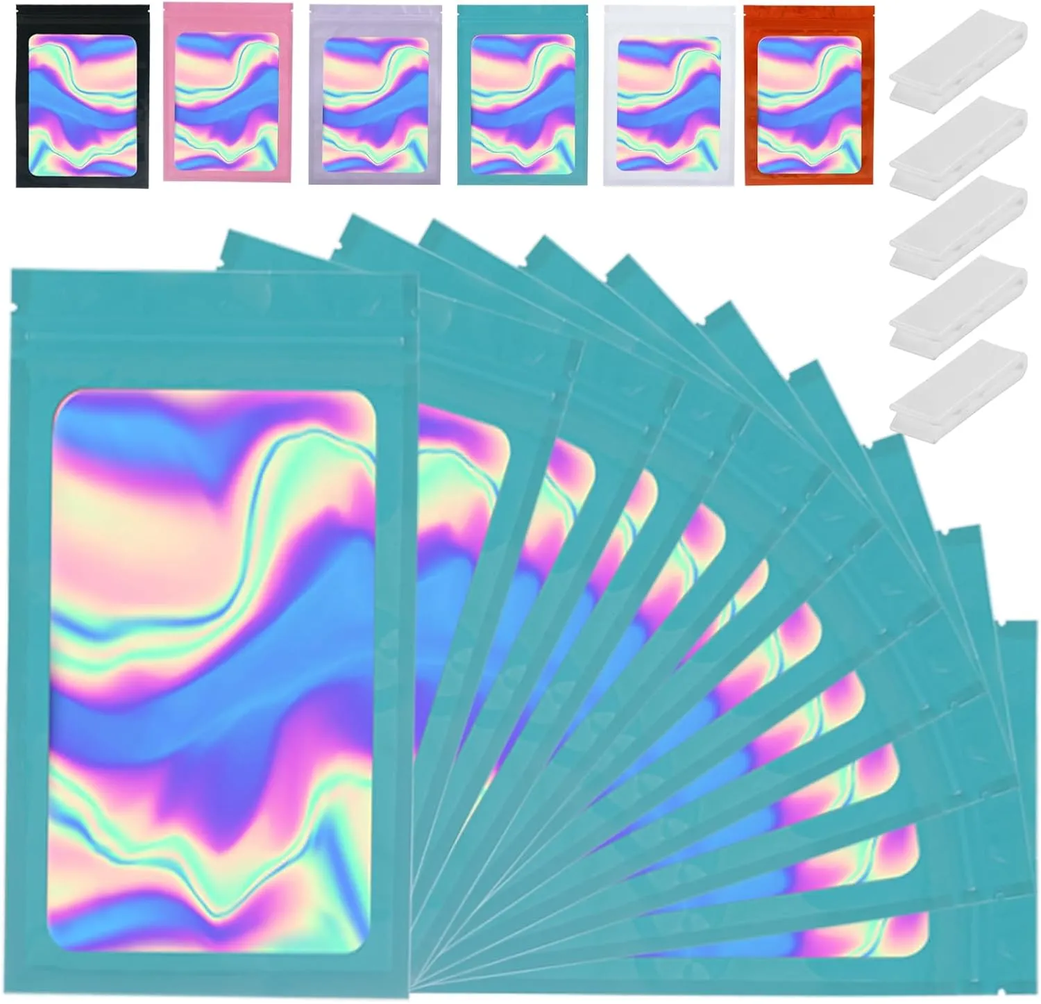 200 Pcs Holographic Mylar Bags for Food Storage 5x8 With Window - Resealable, Smell Proof, Freeze Dried Bags for Candy, Cookie, Jewelry Packaging - Blue
