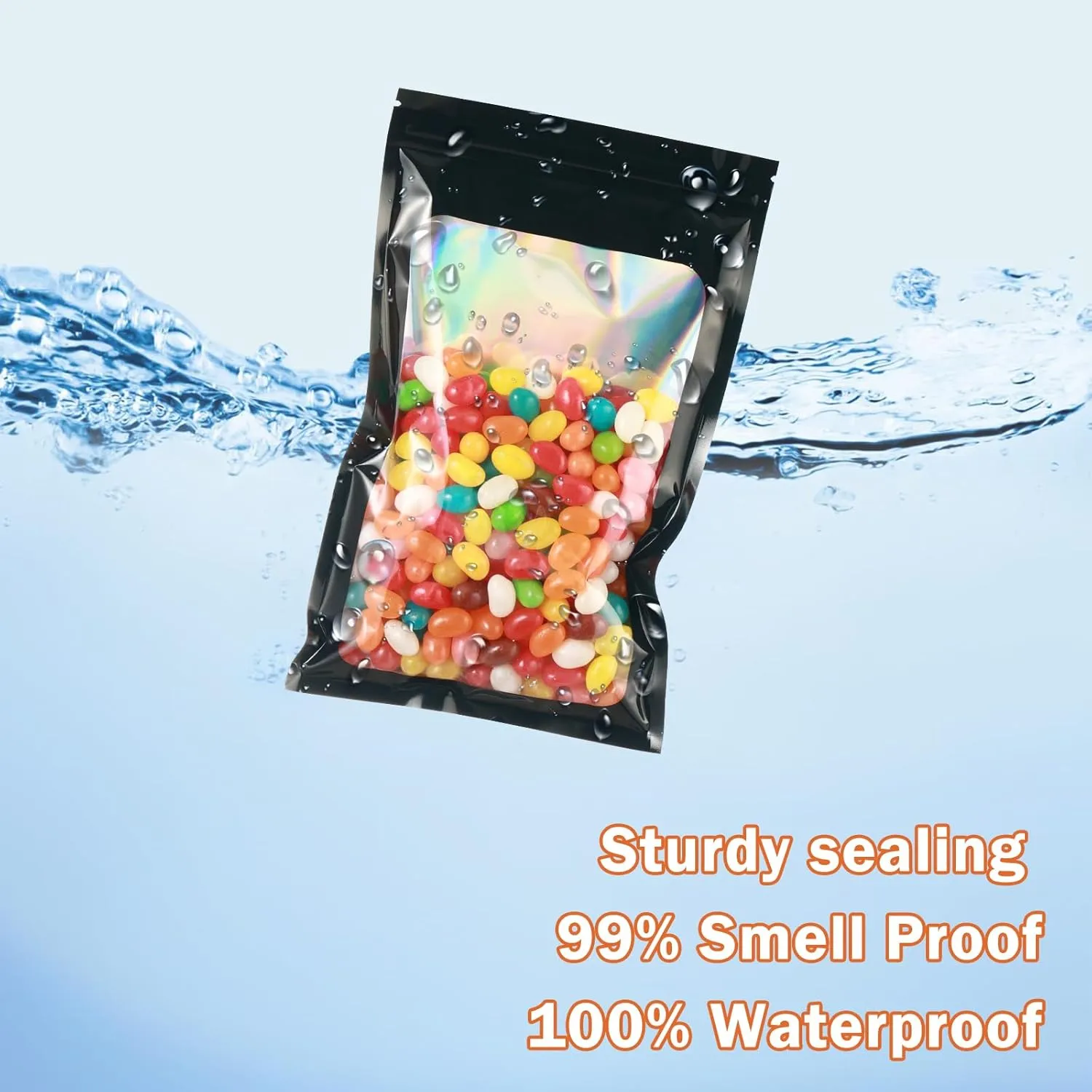 200 Pcs Holographic Mylar Bags for Food Storage 5x8 With Window - Resealable, Smell Proof, Freeze Dried Bags for Candy, Cookie, Jewelry Packaging - Blue