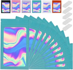 200 Pcs Holographic Mylar Bags for Food Storage 5x8 With Window - Resealable, Smell Proof, Freeze Dried Bags for Candy, Cookie, Jewelry Packaging - Blue