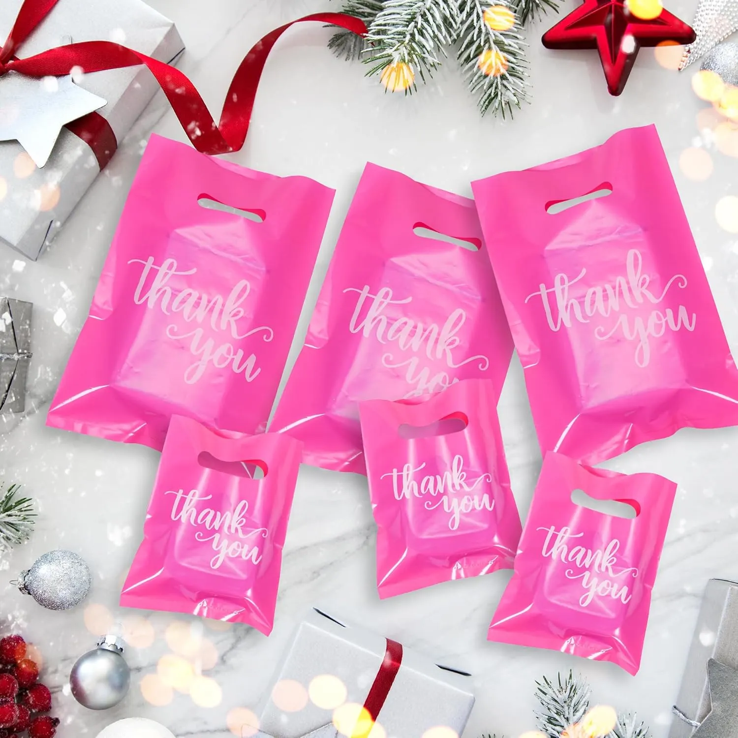 200Pack Thank You Shopping Bags for Business Small Craft Shows, Merchandise Bags Iclude 13.8x9.8 In, 11.8x7.9 In, 7.9x5.9 In Plastic Bulk Store Bags with Handle, Retail bags, Gift Bags, Plastic Boutique Bags for Small Business (Hot Pink)