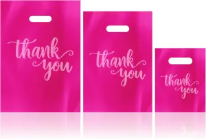 200Pack Thank You Shopping Bags for Business Small Craft Shows, Merchandise Bags Iclude 13.8x9.8 In, 11.8x7.9 In, 7.9x5.9 In Plastic Bulk Store Bags with Handle, Retail bags, Gift Bags, Plastic Boutique Bags for Small Business (Hot Pink)