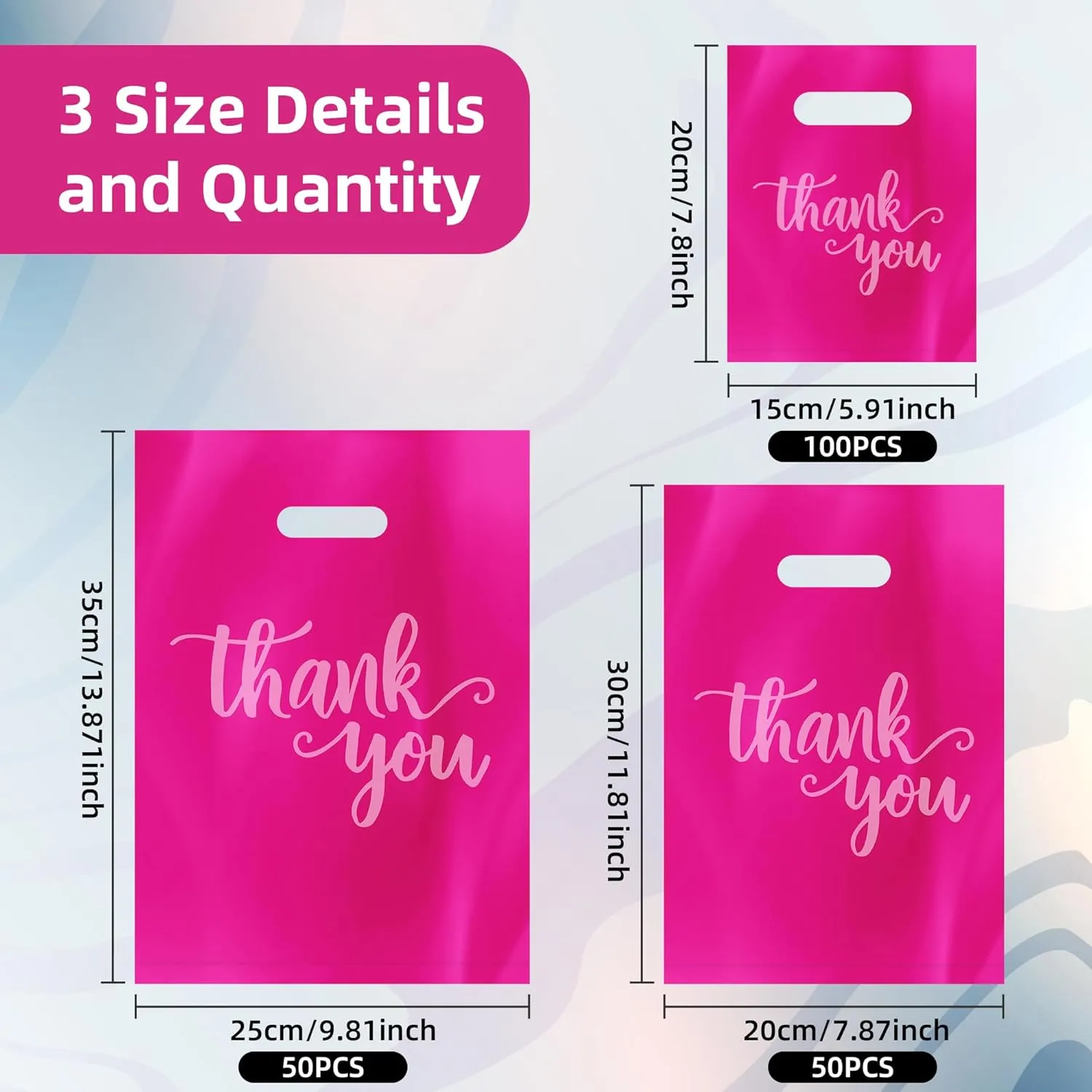 200Pack Thank You Shopping Bags for Business Small Craft Shows, Merchandise Bags Iclude 13.8x9.8 In, 11.8x7.9 In, 7.9x5.9 In Plastic Bulk Store Bags with Handle, Retail bags, Gift Bags, Plastic Boutique Bags for Small Business (Hot Pink)