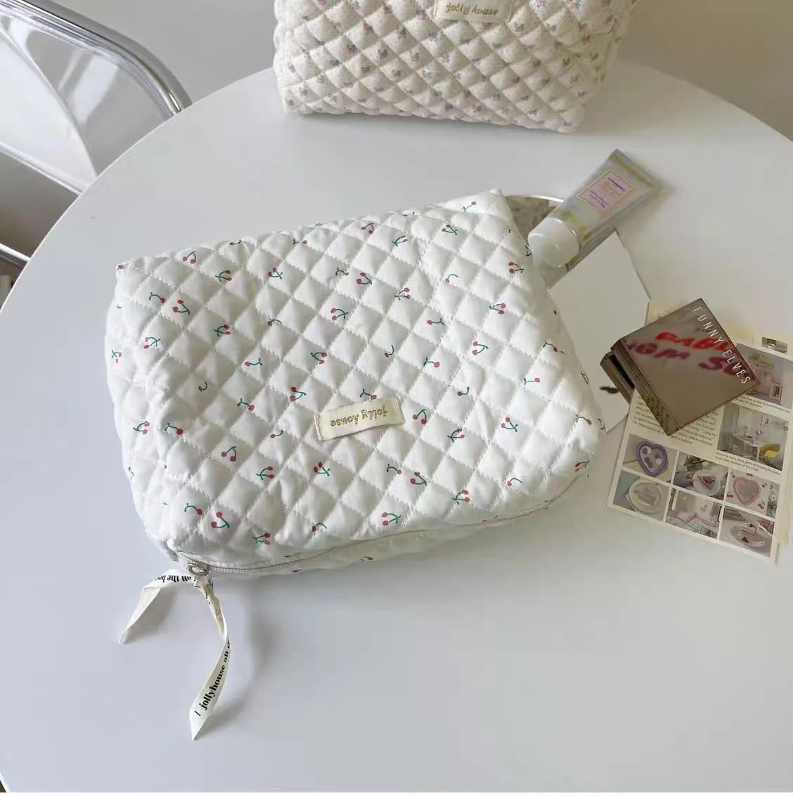 2/3 Pcs Cute Cotton Quilted Makeup Bag Large Travel Cosmetic Pouch Floral Toiletry Bag for Women Girls (Cherry-2pcs)