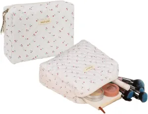 2/3 Pcs Cute Cotton Quilted Makeup Bag Large Travel Cosmetic Pouch Floral Toiletry Bag for Women Girls (Cherry-2pcs)