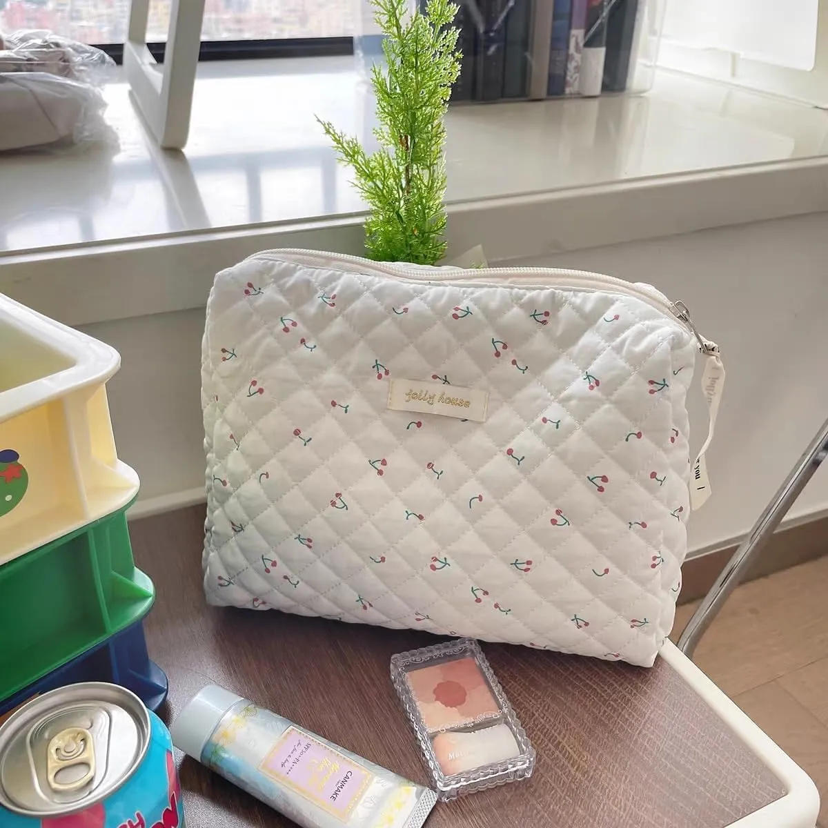 2/3 Pcs Cute Cotton Quilted Makeup Bag Large Travel Cosmetic Pouch Floral Toiletry Bag for Women Girls (Cherry-2pcs)