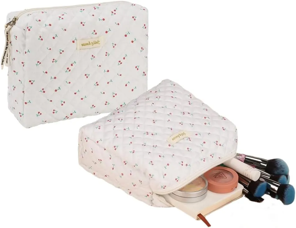 2/3 Pcs Cute Cotton Quilted Makeup Bag Large Travel Cosmetic Pouch Floral Toiletry Bag for Women Girls (Cherry-2pcs)