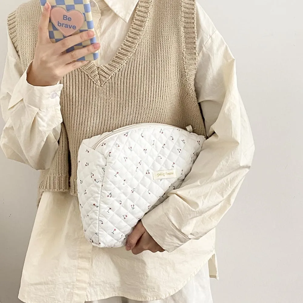 2/3 Pcs Cute Cotton Quilted Makeup Bag Large Travel Cosmetic Pouch Floral Toiletry Bag for Women Girls (Cherry-2pcs)