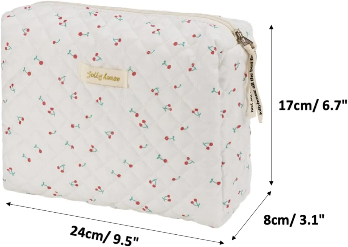 2/3 Pcs Cute Cotton Quilted Makeup Bag Large Travel Cosmetic Pouch Floral Toiletry Bag for Women Girls (Cherry-2pcs)