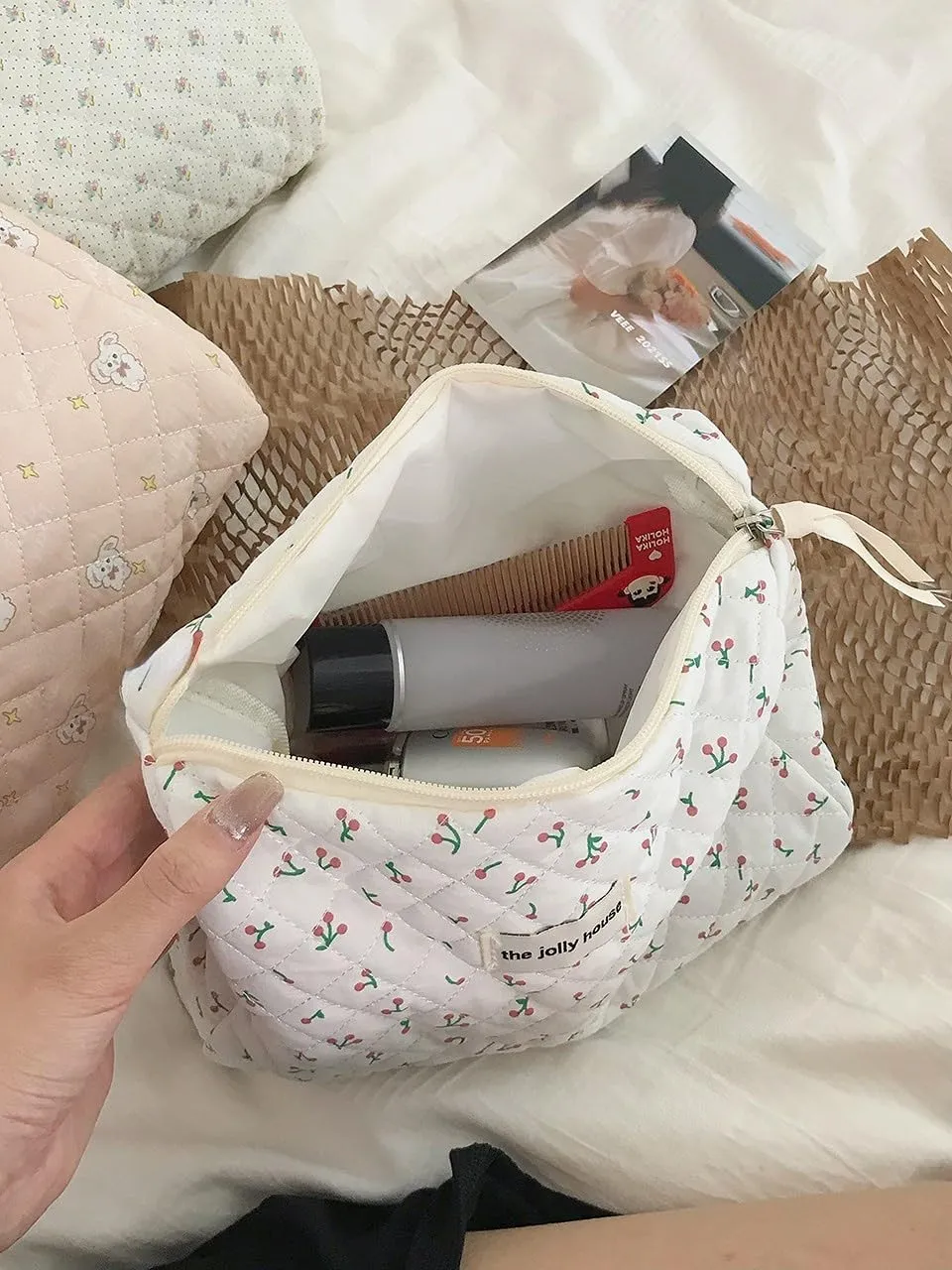 2/3 Pcs Cute Cotton Quilted Makeup Bag Large Travel Cosmetic Pouch Floral Toiletry Bag for Women Girls (Cherry-2pcs)