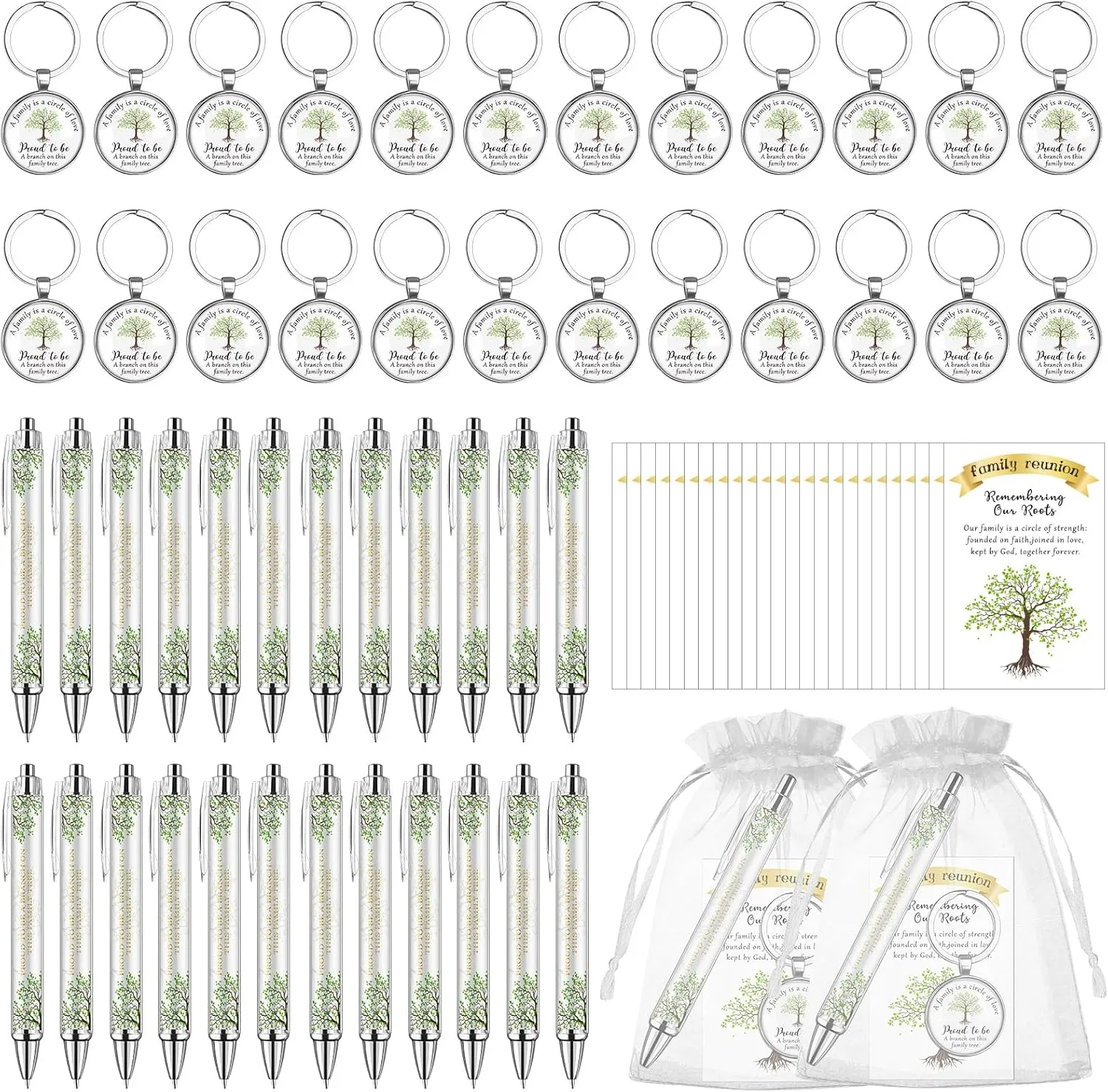 24 Sets Family Reunion Favors Family Tree Keychains Ballpoint Pen Bulk Inspirational Cards White Organza Bags for Family Day Home Gathering Party Souvenirs
