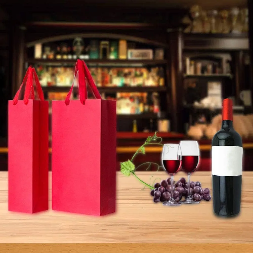 25 Pack Single Bottle Wine Carrier Tote Holders, Black Paper Wine Champagne Gift Bottle Carrying Bags with Handles for Christmas Business Wedding Baby Shower