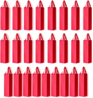 25 Pack Single Bottle Wine Carrier Tote Holders, Kraft Paper Wine Champagne Gift Bottle Carrying Bags with Handles for Christmas Business Wedding Baby Shower(Red)
