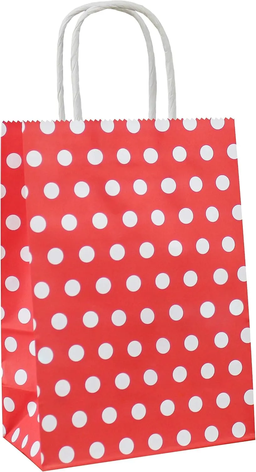 25 PCS Paper Gift Bags Red Polka Dot Paper Bag with Handles for Baby Shower Kid’s Birthday Party Wedding Holiday Party (8.2 x 6 x 3.1 In)