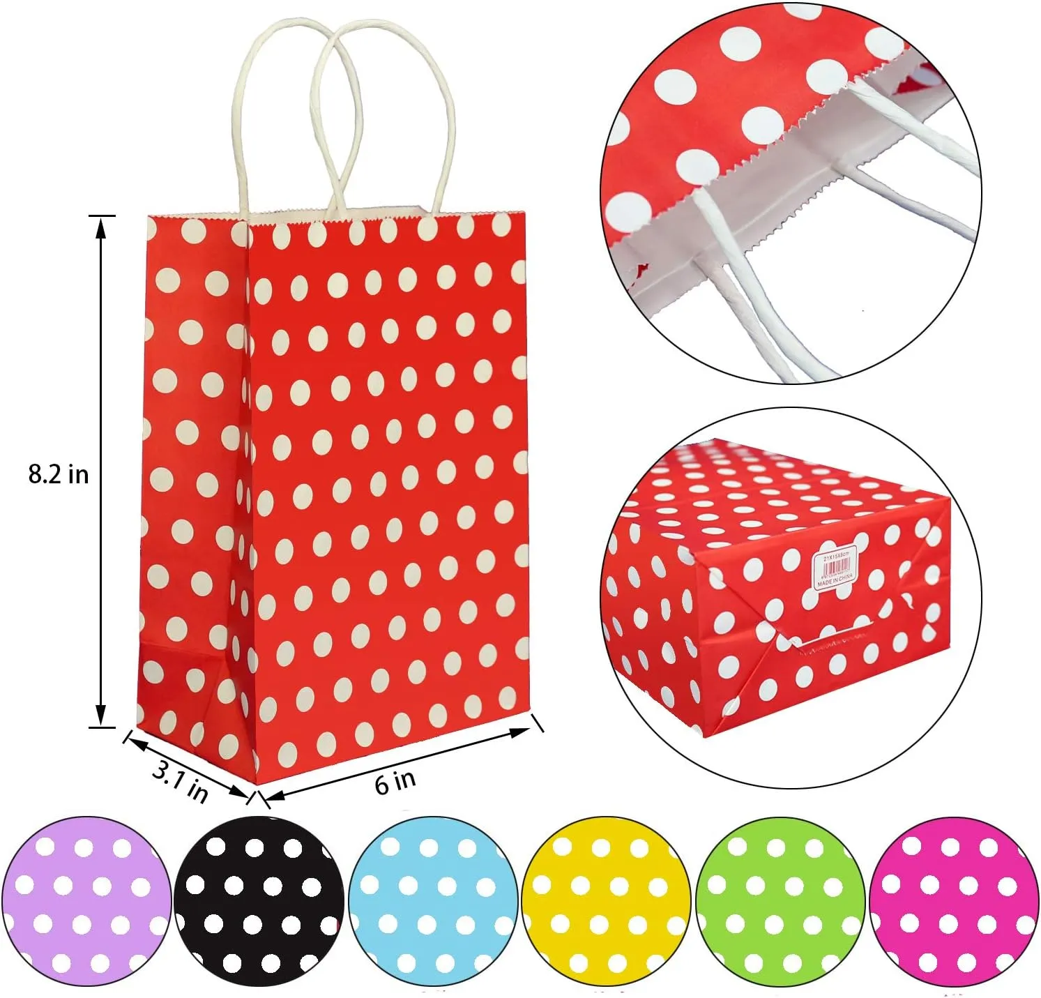 25 PCS Paper Gift Bags Red Polka Dot Paper Bag with Handles for Baby Shower Kid’s Birthday Party Wedding Holiday Party (8.2 x 6 x 3.1 In)