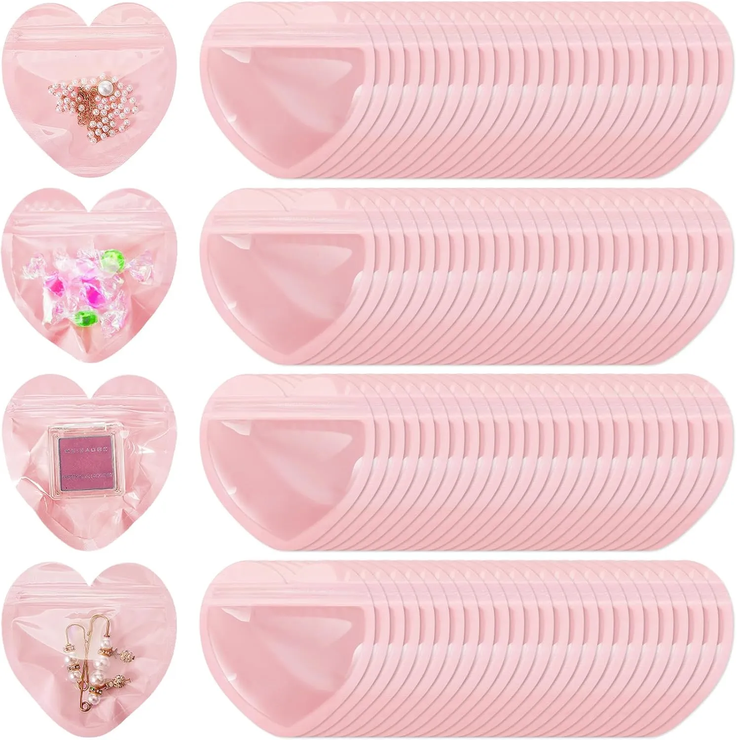 300 Pcs Heart-shaped Jewelry Packaging Bags Small Jewelry Transparent Resealable Cute Treat Bags for Business Wedding Birthday Festival Party Favor Supplies(Pink,Heart Shaped)