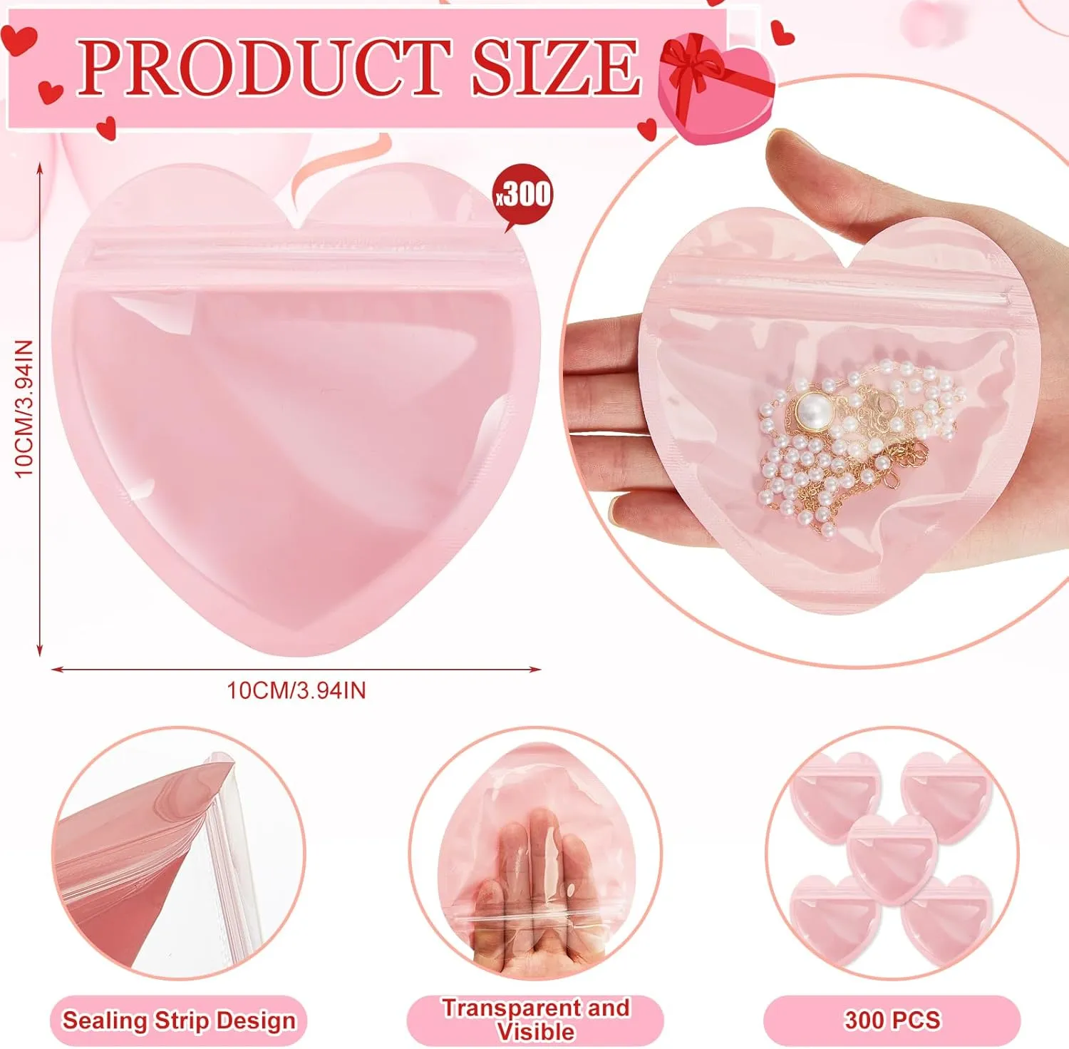 300 Pcs Heart-shaped Jewelry Packaging Bags Small Jewelry Transparent Resealable Cute Treat Bags for Business Wedding Birthday Festival Party Favor Supplies(Pink,Heart Shaped)