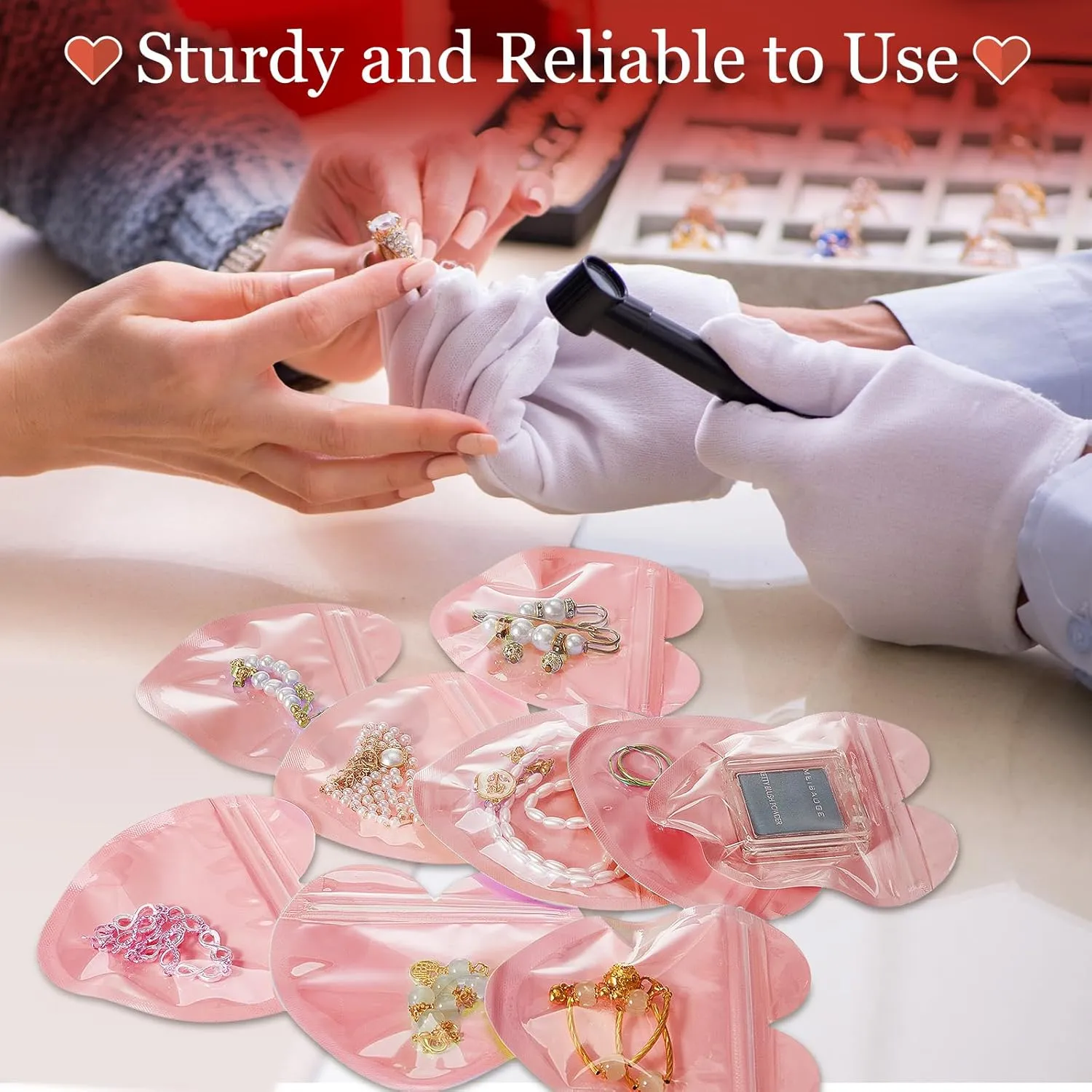 300 Pcs Heart-shaped Jewelry Packaging Bags Small Jewelry Transparent Resealable Cute Treat Bags for Business Wedding Birthday Festival Party Favor Supplies(Pink,Heart Shaped)