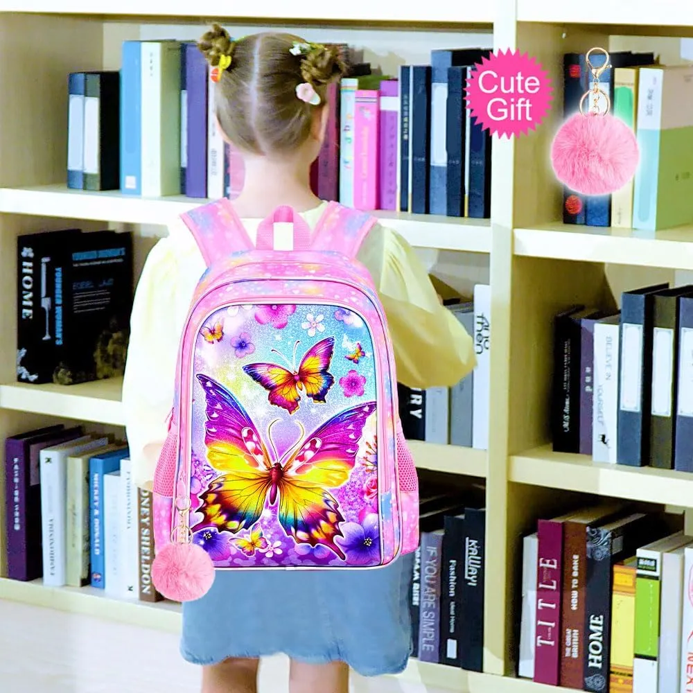 3PCS Butterfly Backpack for Girls, 16'' Kids Preschool Bookbag with Lunch Box, Cute Animal Water ResistantSchool Bag Set for Elementary Kindergarten Travel