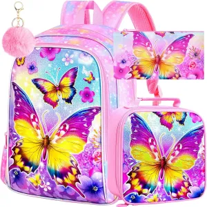 3PCS Butterfly Backpack for Girls, 16'' Kids Preschool Bookbag with Lunch Box, Cute Animal Water ResistantSchool Bag Set for Elementary Kindergarten Travel