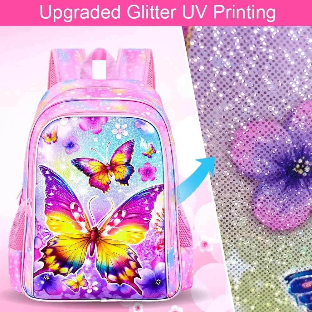 3PCS Butterfly Backpack for Girls, 16'' Kids Preschool Bookbag with Lunch Box, Cute Animal Water ResistantSchool Bag Set for Elementary Kindergarten Travel