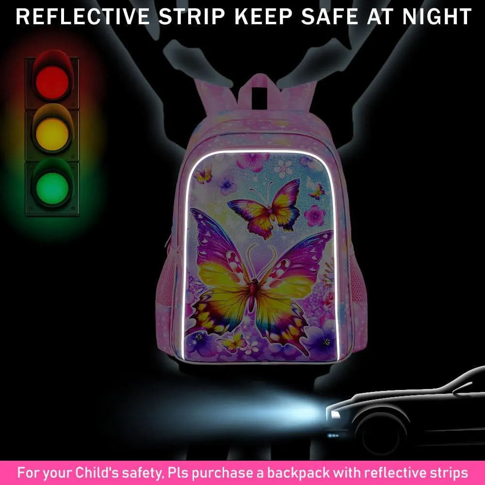 3PCS Butterfly Backpack for Girls, 16'' Kids Preschool Bookbag with Lunch Box, Cute Animal Water ResistantSchool Bag Set for Elementary Kindergarten Travel