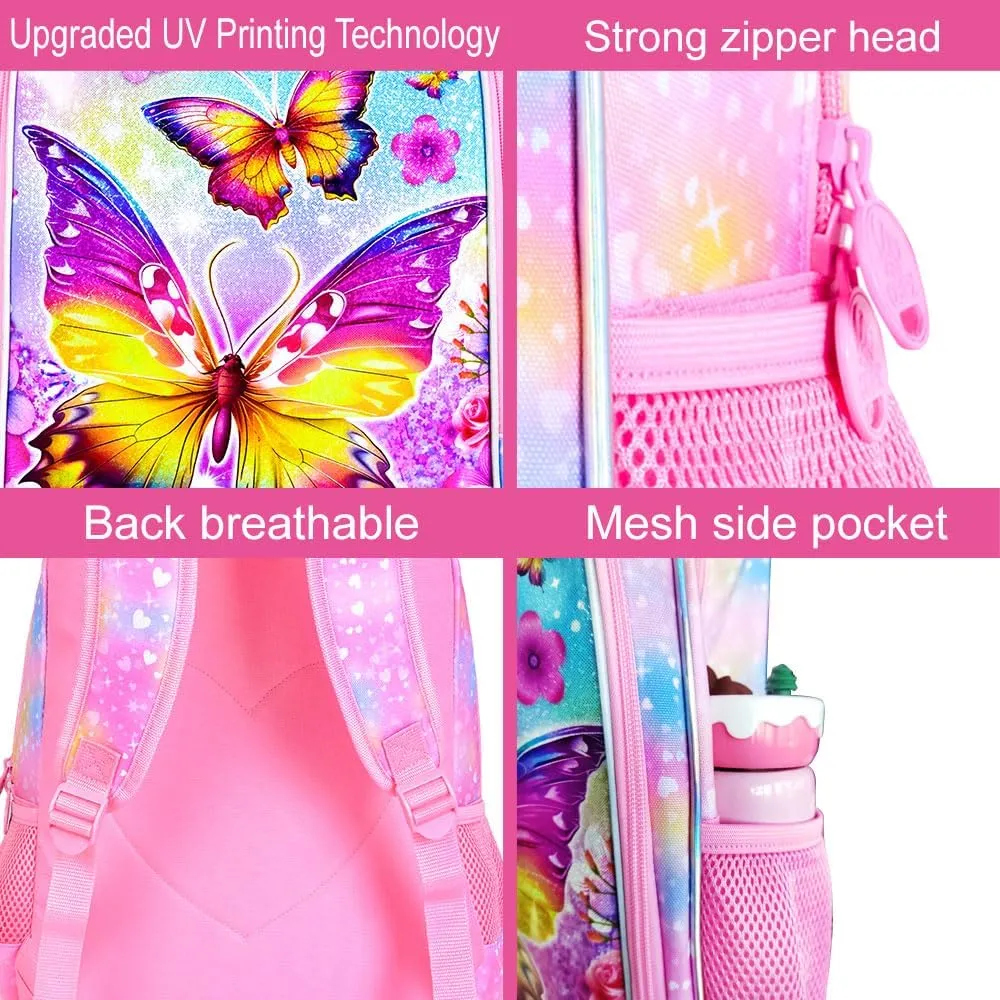 3PCS Butterfly Backpack for Girls, 16'' Kids Preschool Bookbag with Lunch Box, Cute Animal Water ResistantSchool Bag Set for Elementary Kindergarten Travel