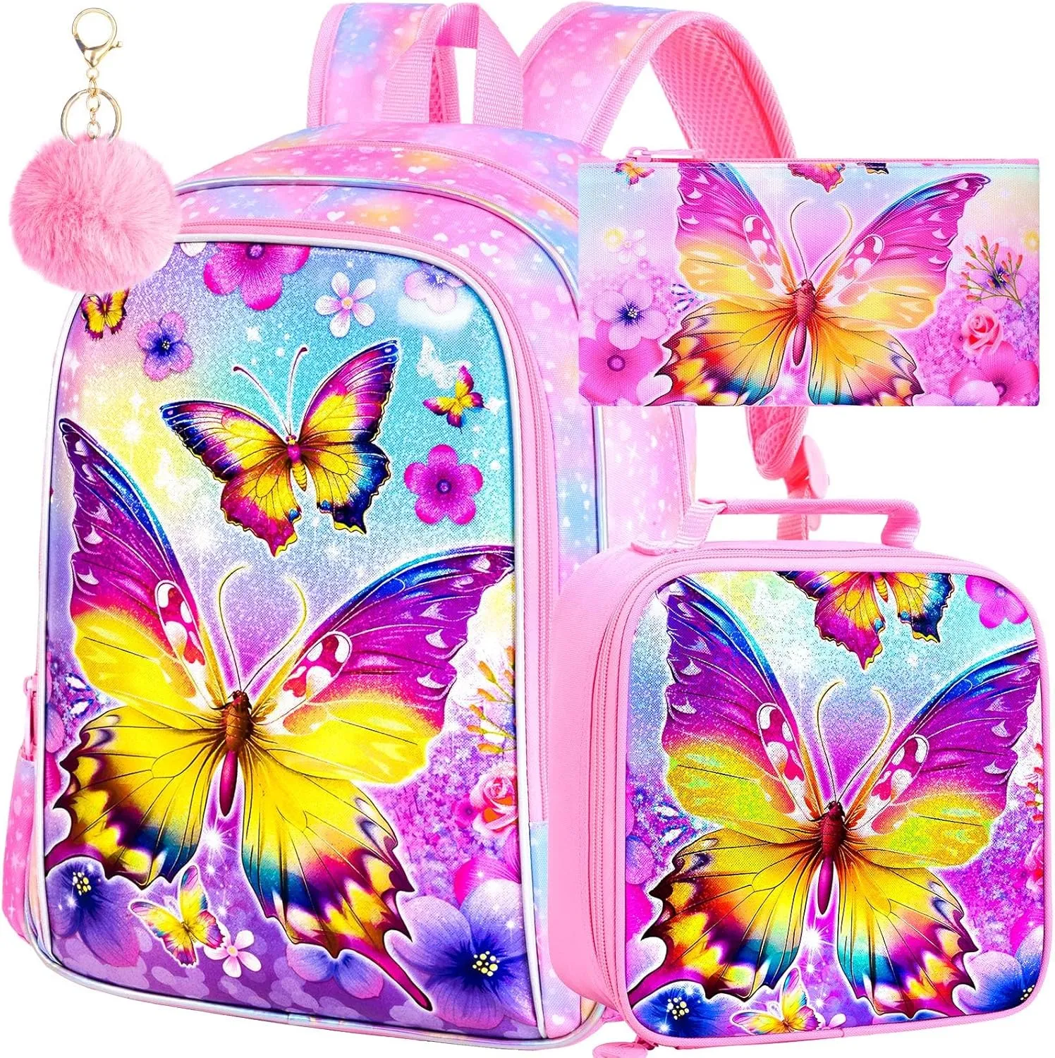 3PCS Butterfly Backpack for Girls, 16'' Kids Preschool Bookbag with Lunch Box, Cute Animal Water ResistantSchool Bag Set for Elementary Kindergarten Travel