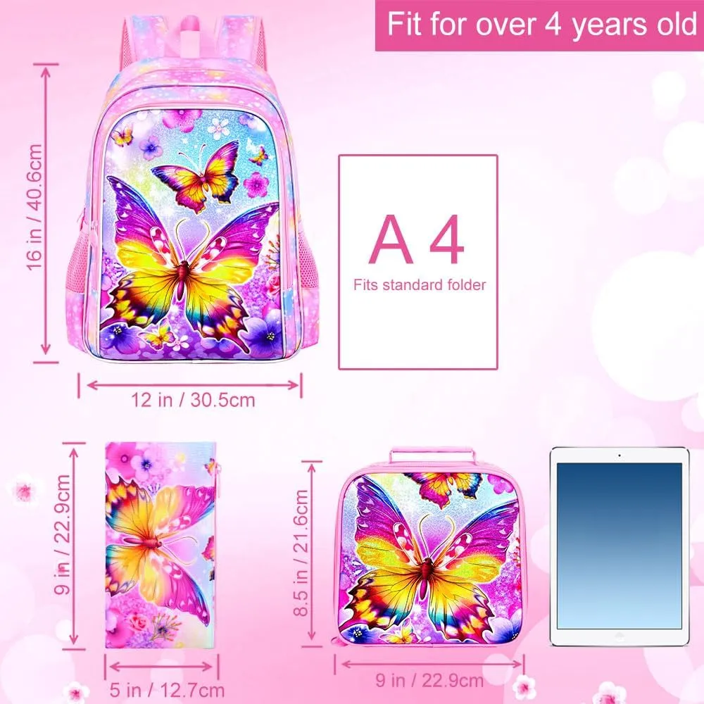 3PCS Butterfly Backpack for Girls, 16'' Kids Preschool Bookbag with Lunch Box, Cute Animal Water ResistantSchool Bag Set for Elementary Kindergarten Travel