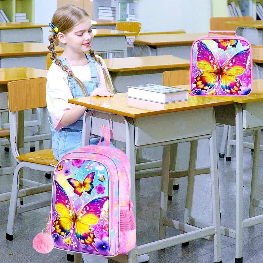 3PCS Butterfly Backpack for Girls, 16'' Kids Preschool Bookbag with Lunch Box, Cute Animal Water ResistantSchool Bag Set for Elementary Kindergarten Travel