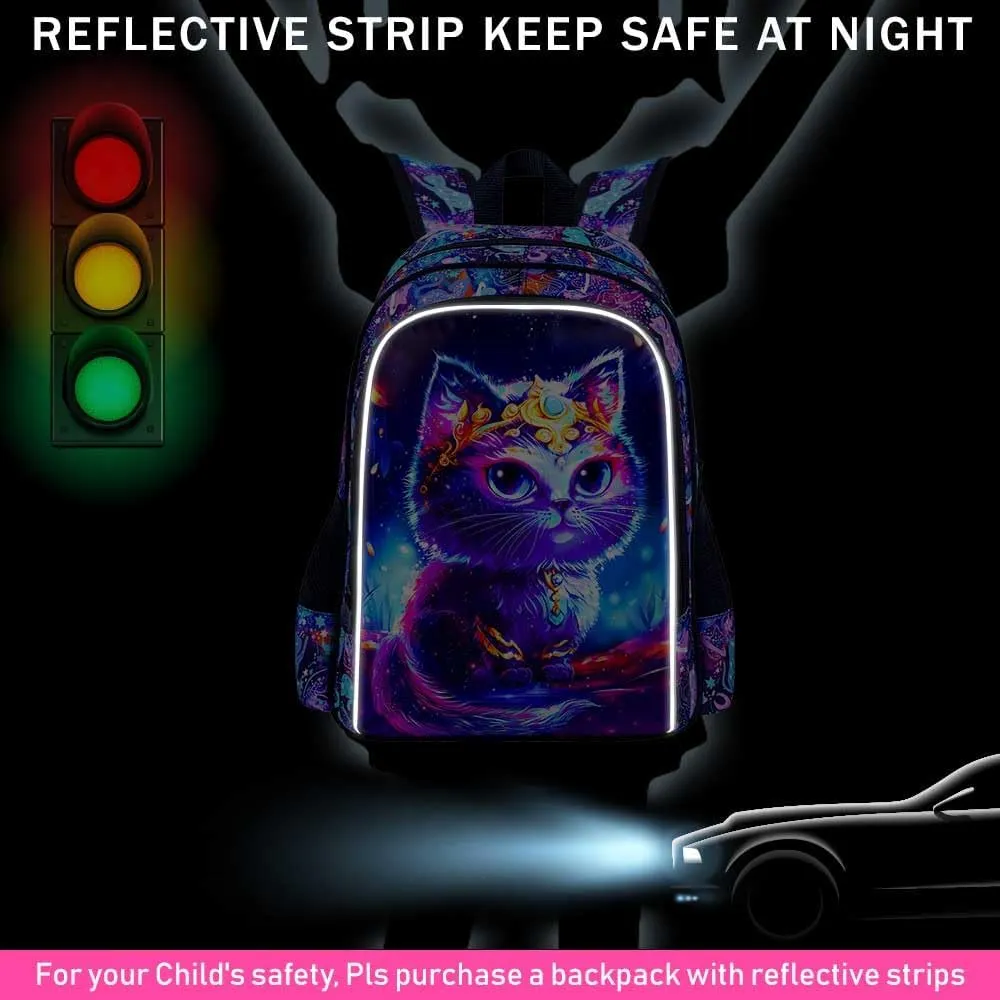 3PCS Cat Backpack for Girls, 16'' Kids Preschool Bookbag with Lunch Box, Cute Water Resistant School Bag Set for Elementary Kindergarten Toddler