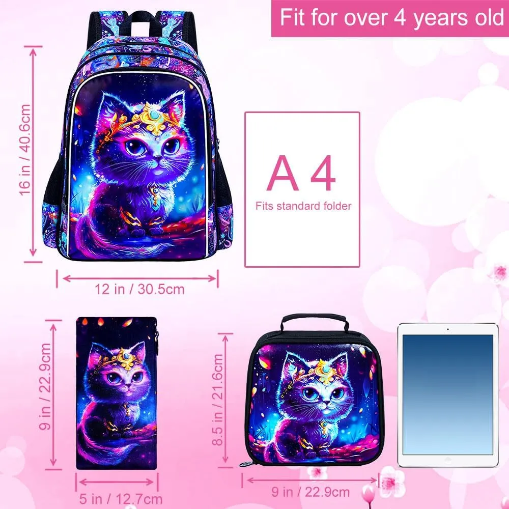 3PCS Cat Backpack for Girls, 16'' Kids Preschool Bookbag with Lunch Box, Cute Water Resistant School Bag Set for Elementary Kindergarten Toddler