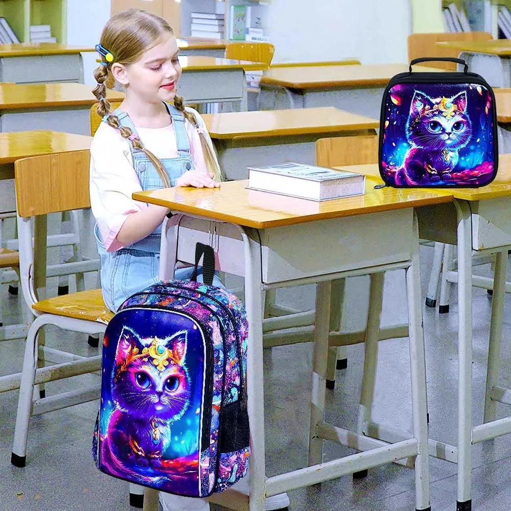 3PCS Cat Backpack for Girls, 16'' Kids Preschool Bookbag with Lunch Box, Cute Water Resistant School Bag Set for Elementary Kindergarten Toddler