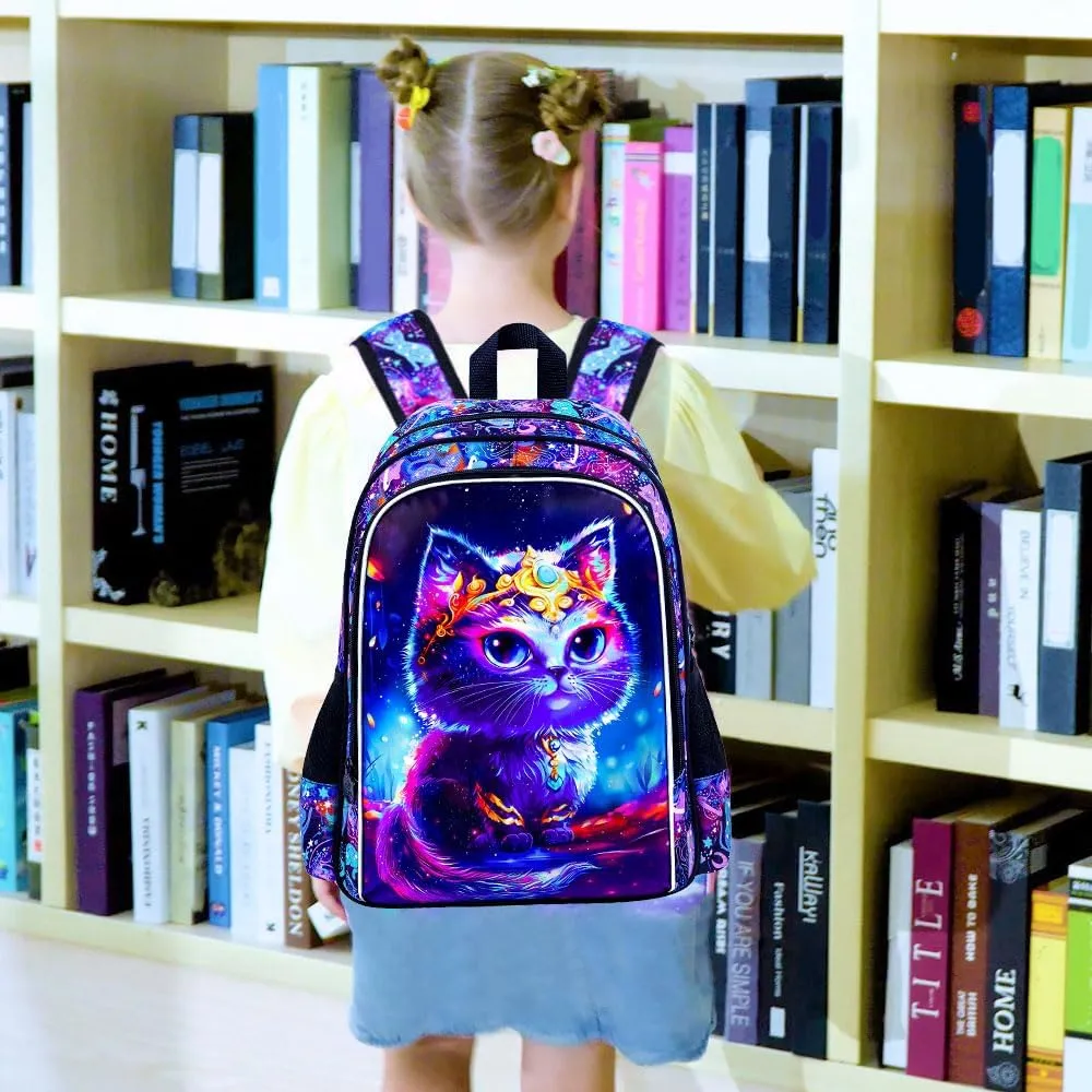3PCS Cat Backpack for Girls, 16'' Kids Preschool Bookbag with Lunch Box, Cute Water Resistant School Bag Set for Elementary Kindergarten Toddler