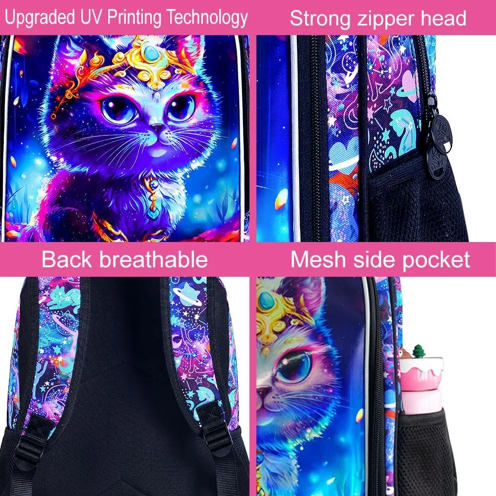 3PCS Cat Backpack for Girls, 16'' Kids Preschool Bookbag with Lunch Box, Cute Water Resistant School Bag Set for Elementary Kindergarten Toddler