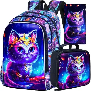 3PCS Cat Backpack for Girls, 16'' Kids Preschool Bookbag with Lunch Box, Cute Water Resistant School Bag Set for Elementary Kindergarten Toddler