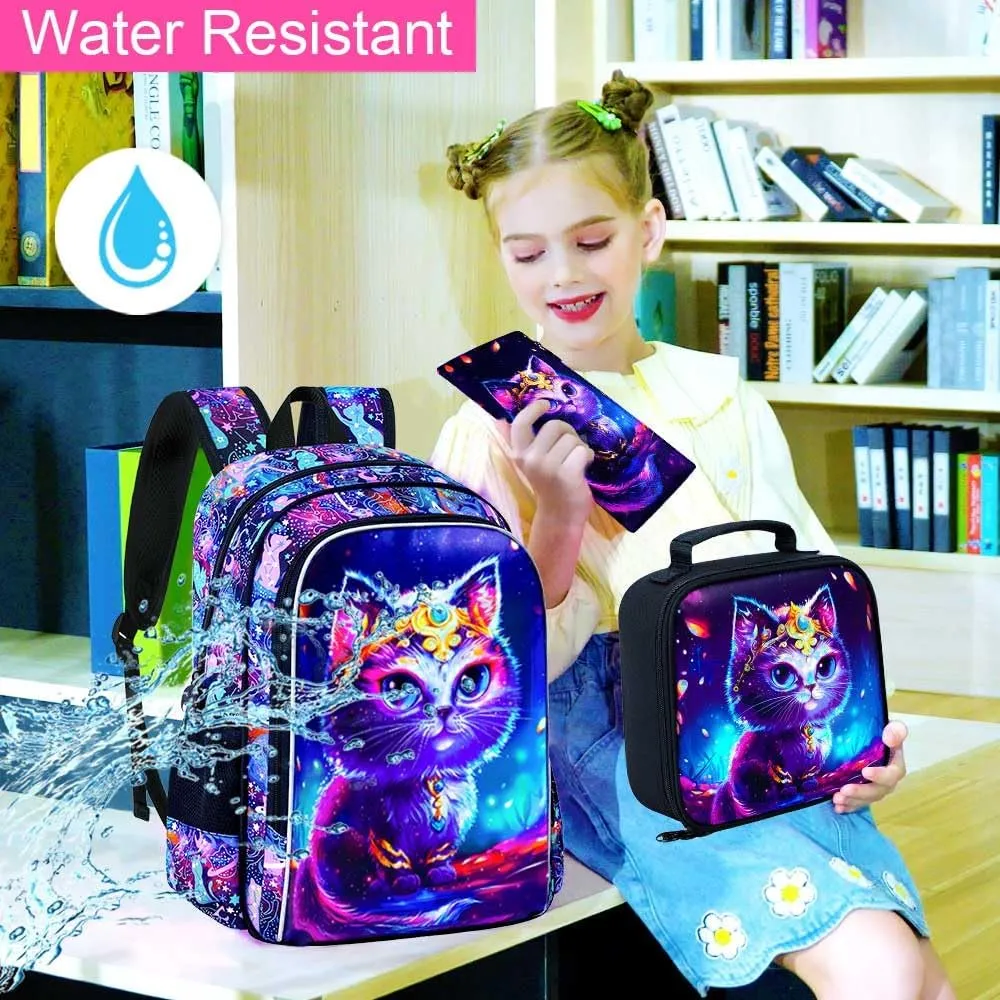 3PCS Cat Backpack for Girls, 16'' Kids Preschool Bookbag with Lunch Box, Cute Water Resistant School Bag Set for Elementary Kindergarten Toddler