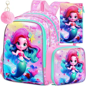3PCS Mermaid Backpack for Girls, 16'' Kids Preschool Bookbag with Lunch Box, Cute Water Resistant School Bag Set for Elementary Kindergarten Toddler