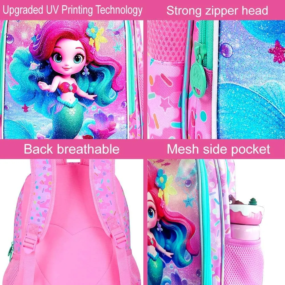 3PCS Mermaid Backpack for Girls, 16'' Kids Preschool Bookbag with Lunch Box, Cute Water Resistant School Bag Set for Elementary Kindergarten Toddler