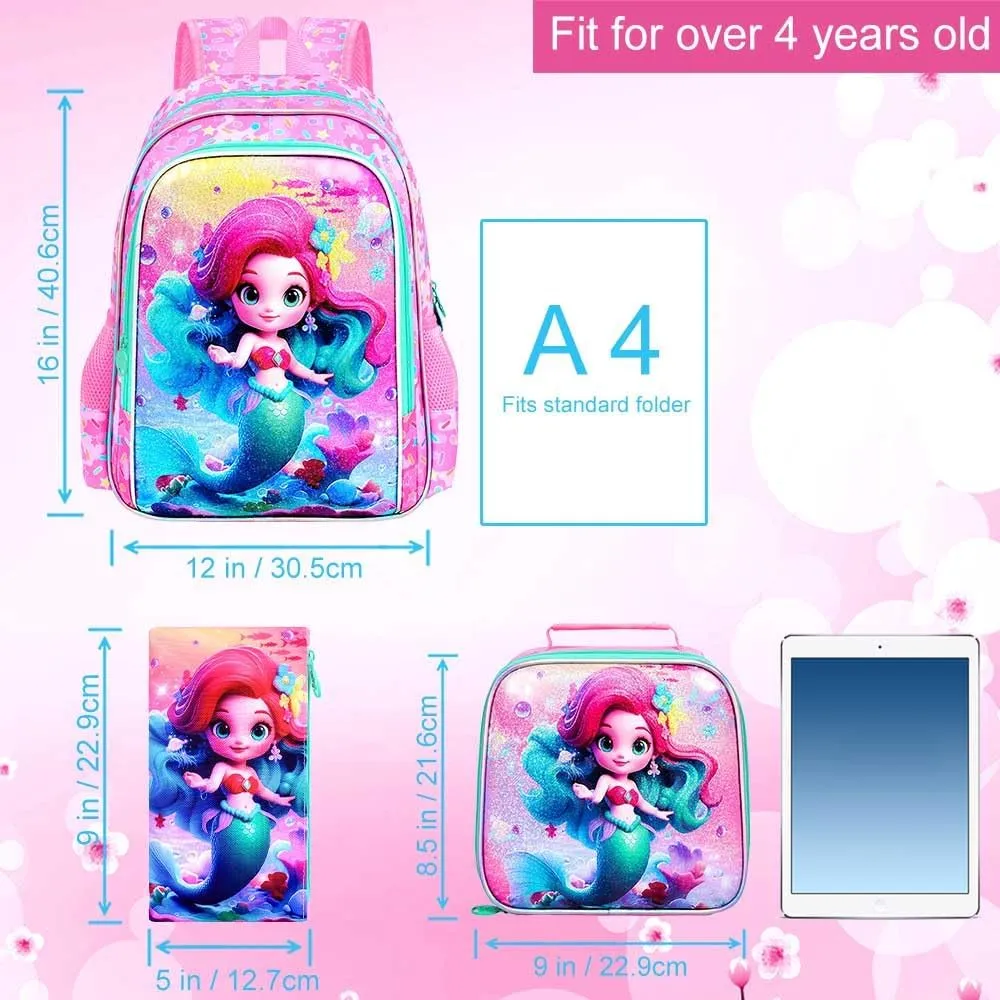 3PCS Mermaid Backpack for Girls, 16'' Kids Preschool Bookbag with Lunch Box, Cute Water Resistant School Bag Set for Elementary Kindergarten Toddler