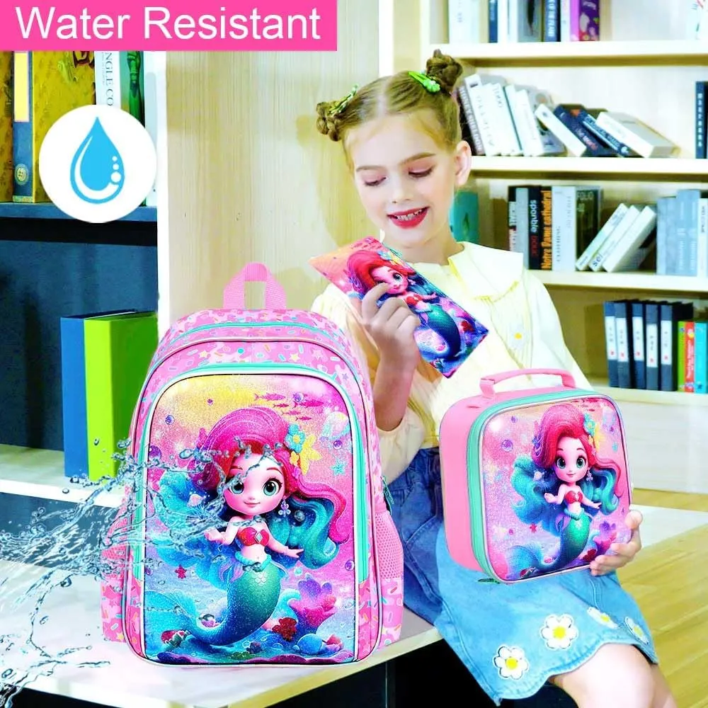 3PCS Mermaid Backpack for Girls, 16'' Kids Preschool Bookbag with Lunch Box, Cute Water Resistant School Bag Set for Elementary Kindergarten Toddler