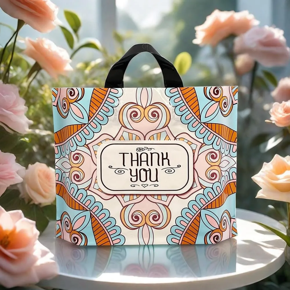 50 Count 9.8'' x 11.8'' Plastic Merchandise Thank You Bags, Retail Bags with Handle for Customers Parties Favors Goodies - Flower 2