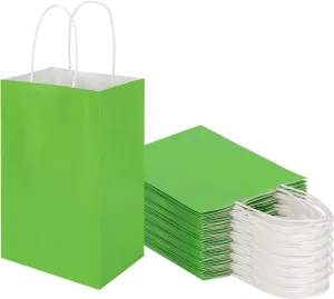50 Pack 5.25x3.25x8.25 Inch Small Grass Green Kraft Paper Bags with Handles Bulk, Toovip Gift Wrap Bags for Favors Grocery Retail Party Birthday Shopping Business Goody Craft Merchandise Take Out Bags