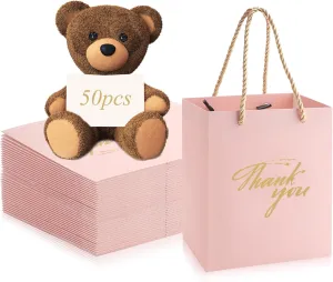 50 Pack Gift Bags with Handles, Black Small Thank You Gift Bag Bulk, Sturdy Party Favor Bags for Birthday, Wedding, Bridal, Baby Shower, Graduation Party Favor (Pink, 5.9'' x 3.14'' x 5.11'')
